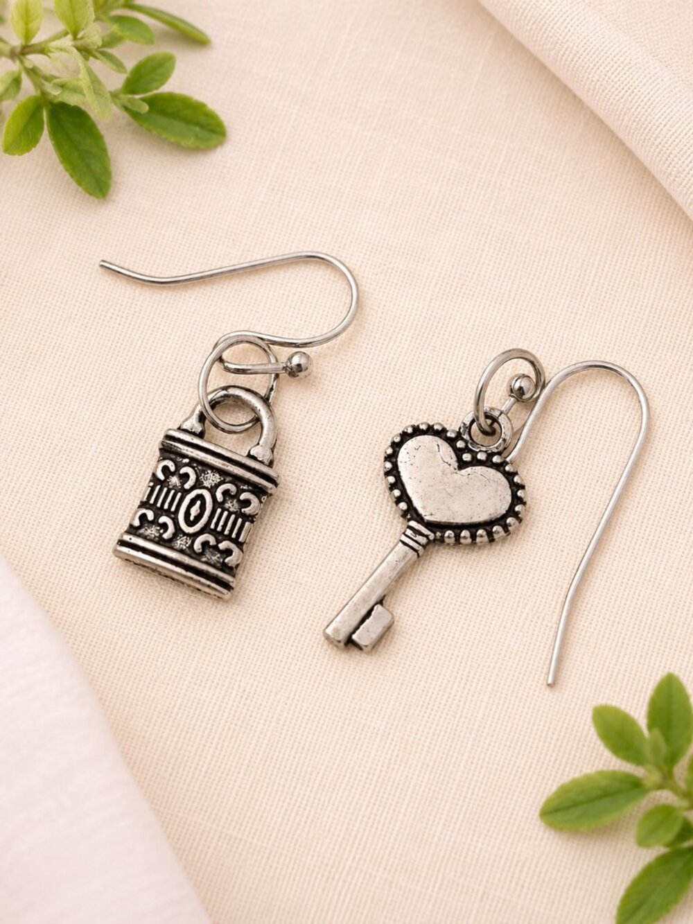 Dainty Key & Lock Dangle Earrings Antiqued Silver Mismatched